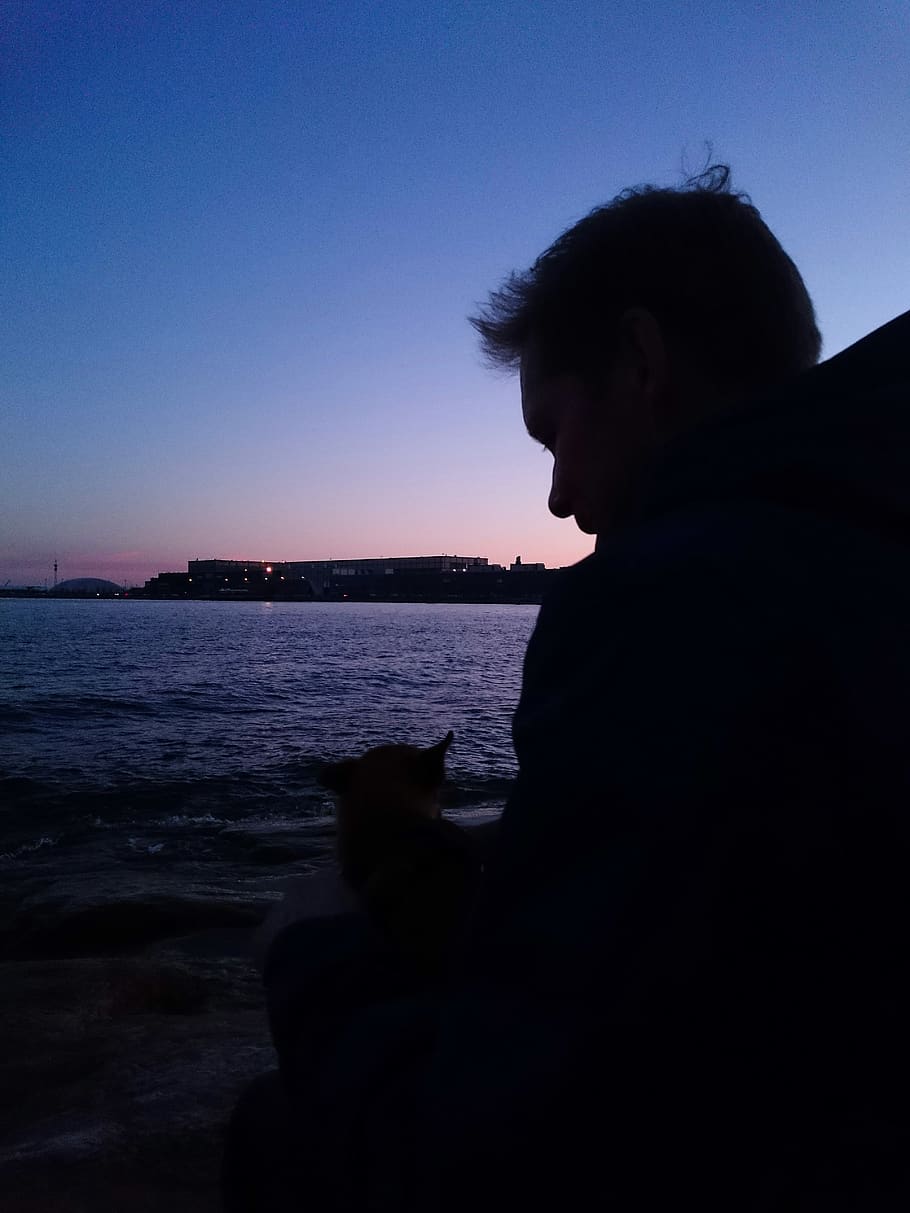 helsinki, finland, eira, nighttime, city, man, sit, darkness HD wallpaper