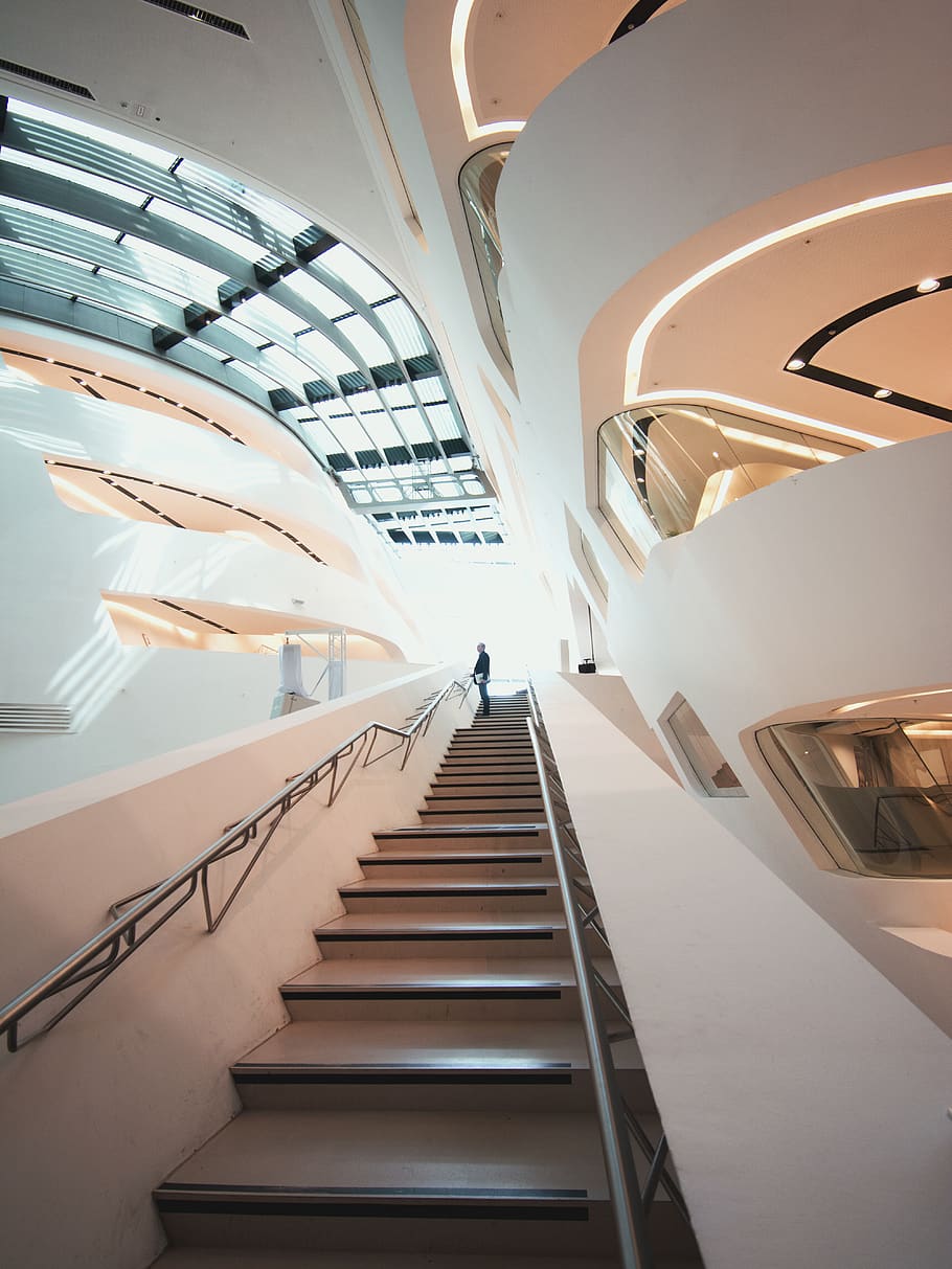 man standing on stair, architecture, low angle view, indoors HD wallpaper