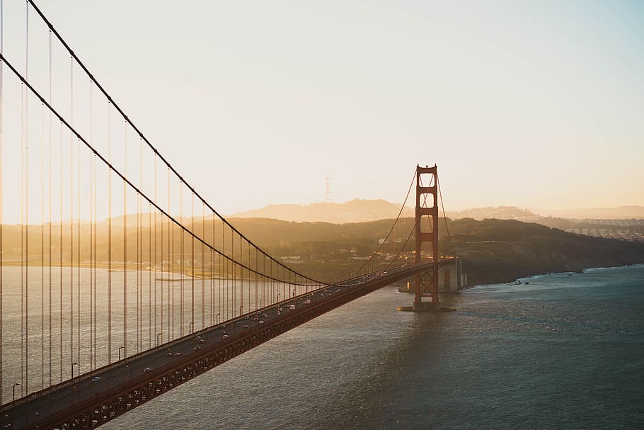 bridge, architecture, infrastructure, sea, ocean, water, mountain HD wallpaper