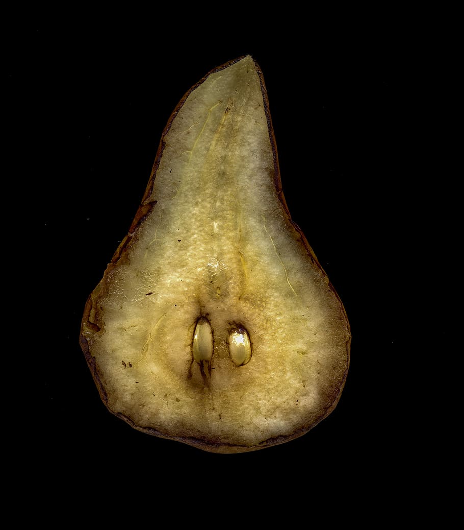 pear, fruit, food, aged, old, brown, pip, seed, isolated, black background HD wallpaper