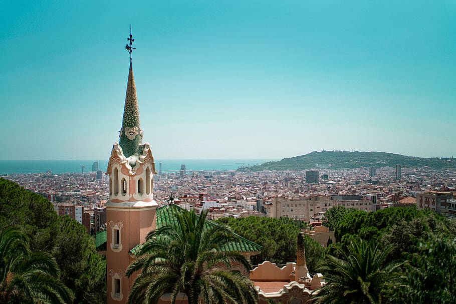 spain, barcelona, park güell, trees, sky, view, skyscraper