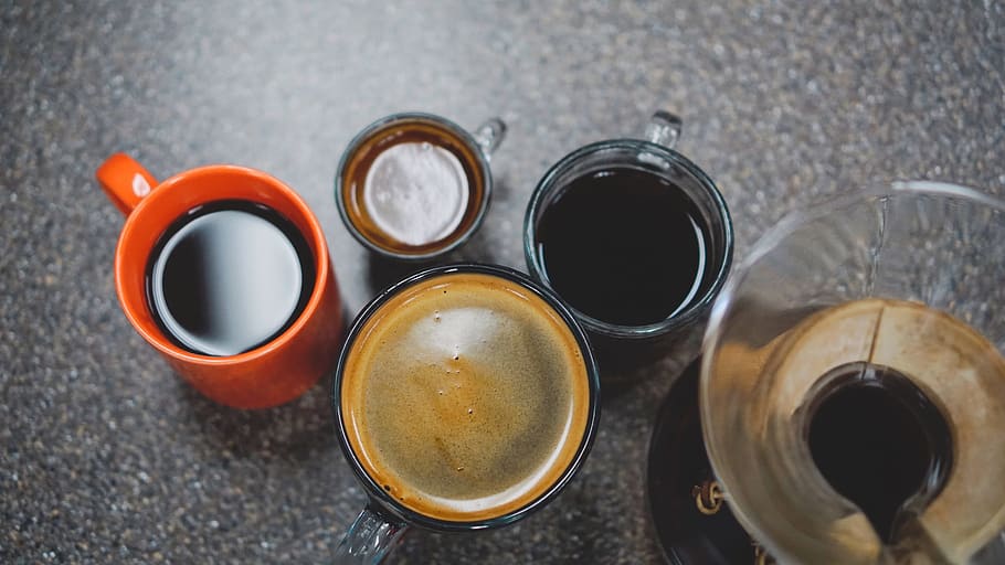 various, coffee, cups, black coffee, mug, glass, red, kitchen HD wallpaper