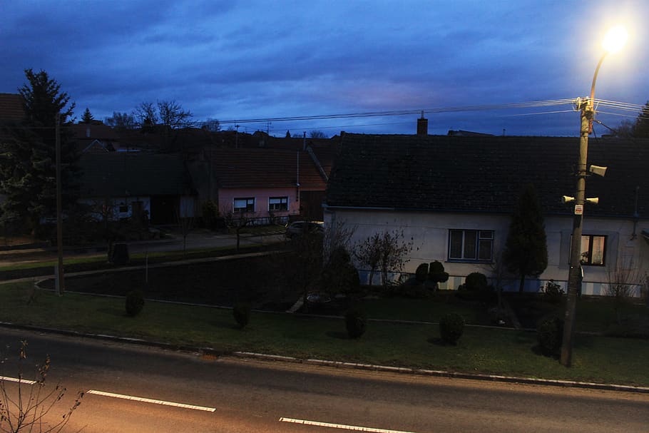 evening, lights, street, clouds, rainy, road, village, building exterior HD wallpaper