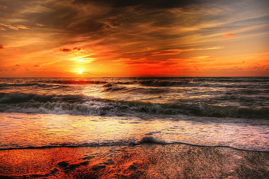 Sea Waves and Sunset, atmospheric, beach, clouds, coast, dawn HD wallpaper
