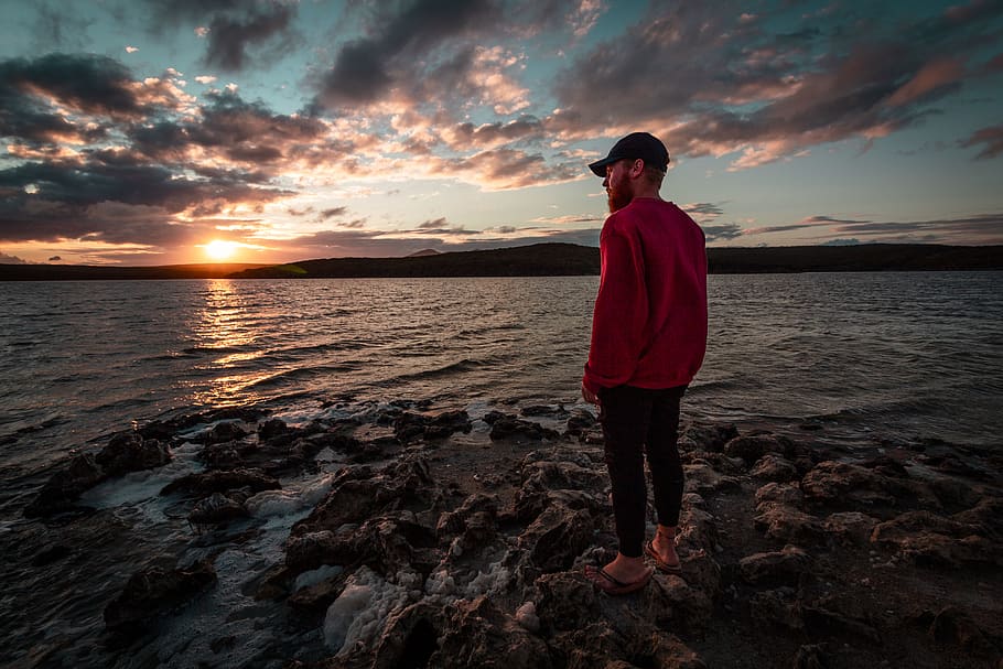 man standing on shore, nature, person, human, outdoors, sky, sunset HD wallpaper