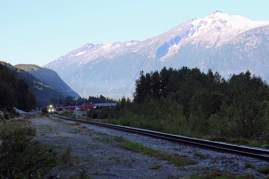 alaska, train, train approaching, railway, mountain, snow, landscape HD wallpaper