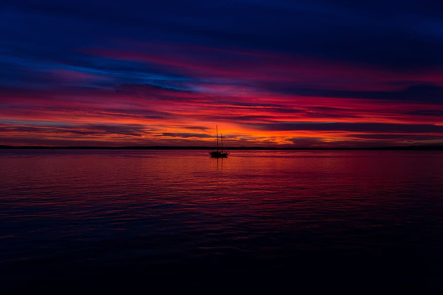 sunset, dusk, sky, clouds, boat, ocean, sea, water, horizon HD wallpaper