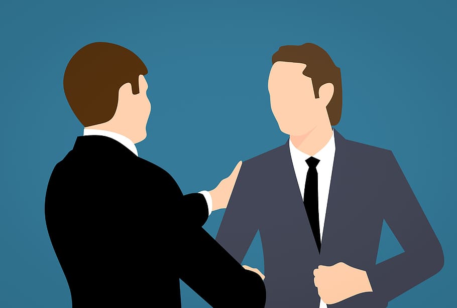 Illustration of two men shaking hands after a job interview or business meeting. Business setting.