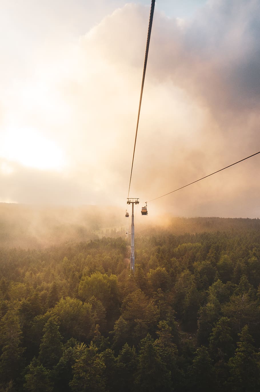 cable car under brown and white sky, nature, weather, outdoors