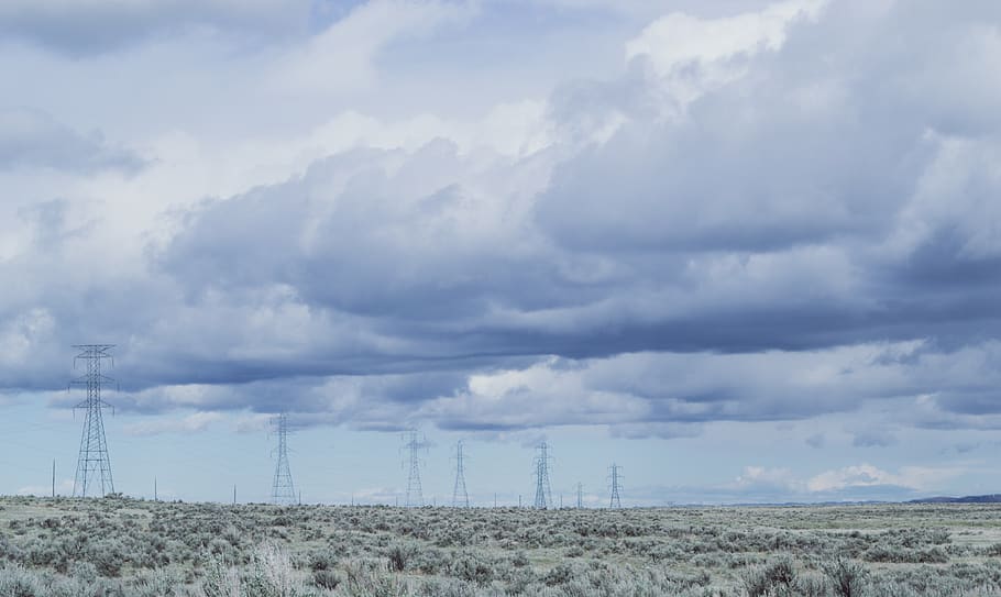 Photo of Transmission Towers, blue sky, clouds, electric lines HD wallpaper