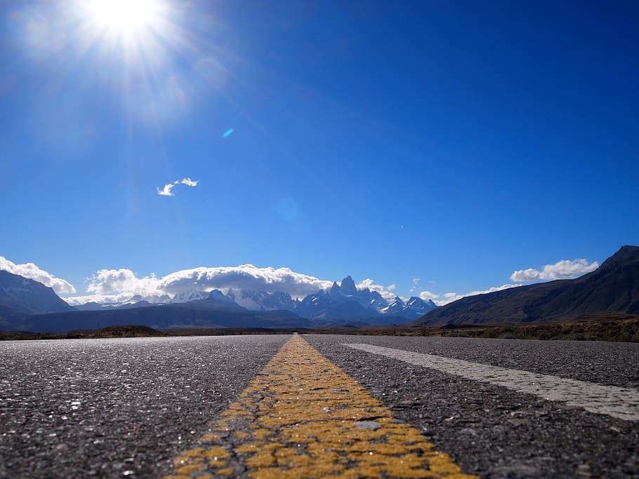 Road Yellow Lane, clouds, daylight, highway, landscape, mountains HD wallpaper