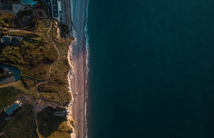 aerial photo of seashore and ocean, landscape, nature, outdoors