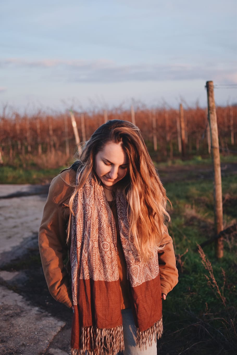 apparel, clothing, human, person, coat, outdoors, female, vineyard HD wallpaper