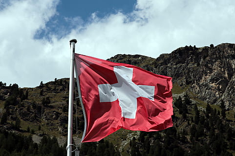 flag, switzerland, mountain, forest trees, red, white, white cross HD wallpaper