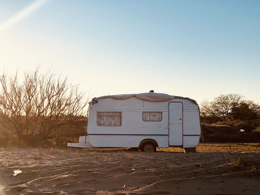 white camper shell, caravan, transportation, vehicle, rv, truck, HD wallpaper