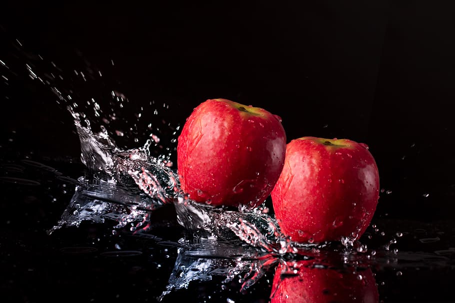 apple, fresh, water, drop of water, fruit, vitamins, ripe, food, HD wallpaper