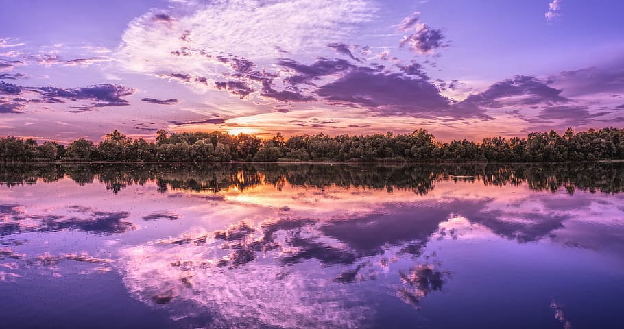reflection of clouds and trees on body of water, lake, forest HD wallpaper
