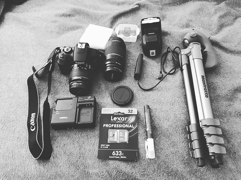 canon, gear, camera, manfrotto, picture, layout, high angle view HD wallpaper