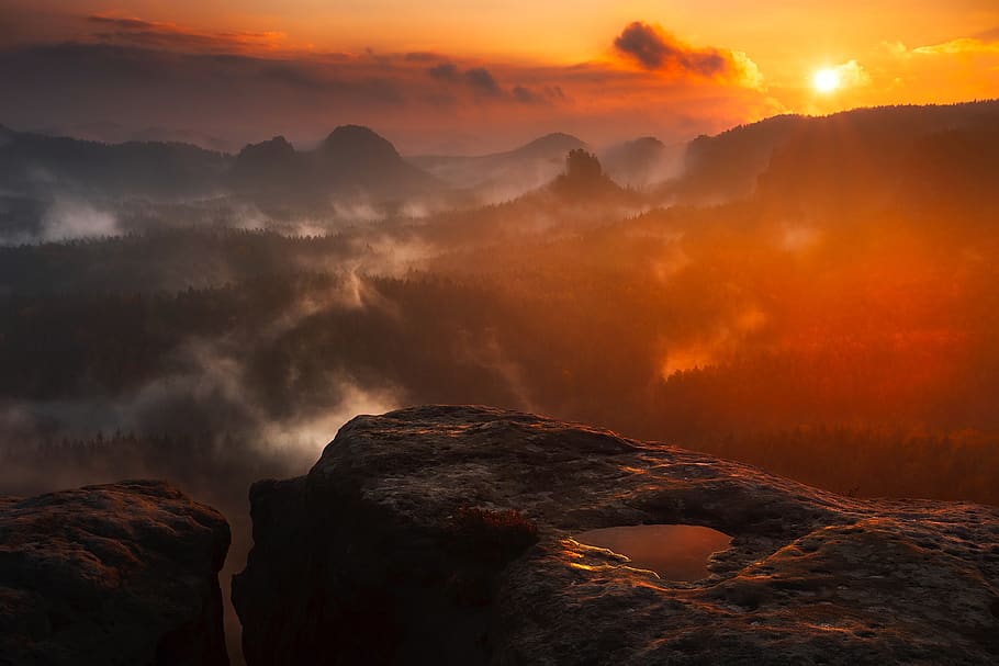 Scenic View of Mountains during Sunset, backlit, clouds, dawn HD wallpaper