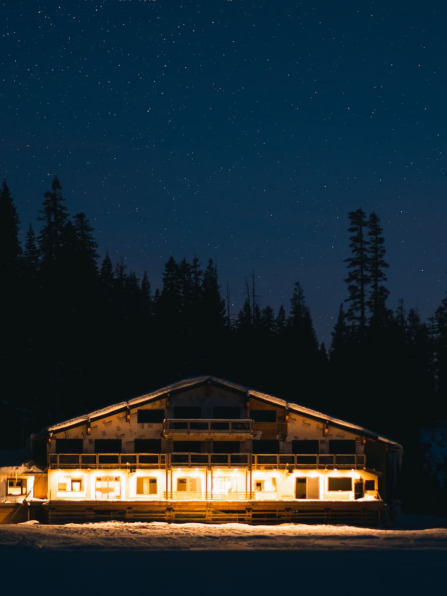 house with lights, nature, outdoors, night, building, rural, shelter HD wallpaper