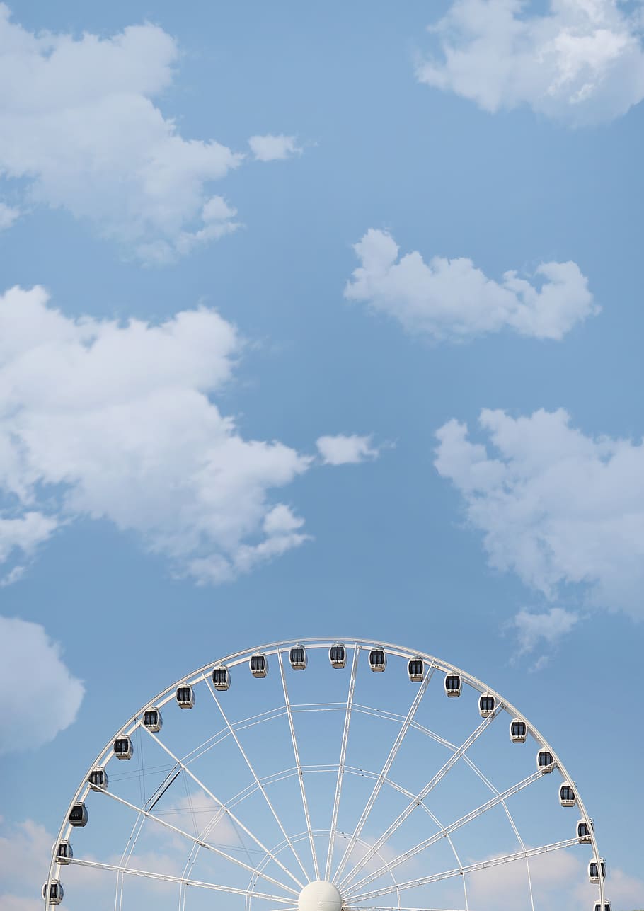 White Ferris Wheel Under White Cloudy Blue Sky, big wheel, bright