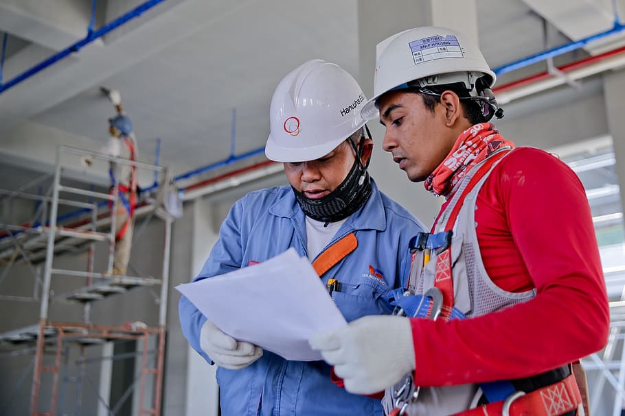 Two Man Holding White Paper, construction, helmet, industry, men HD wallpaper