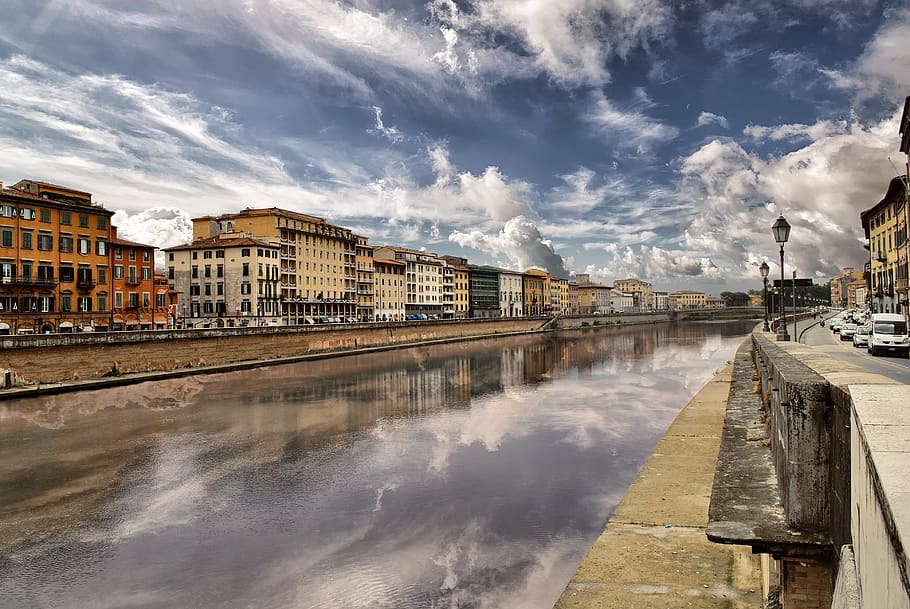 pisa, river, italy, city, arno, holidays, clouds, tuscany, autumn, HD wallpaper