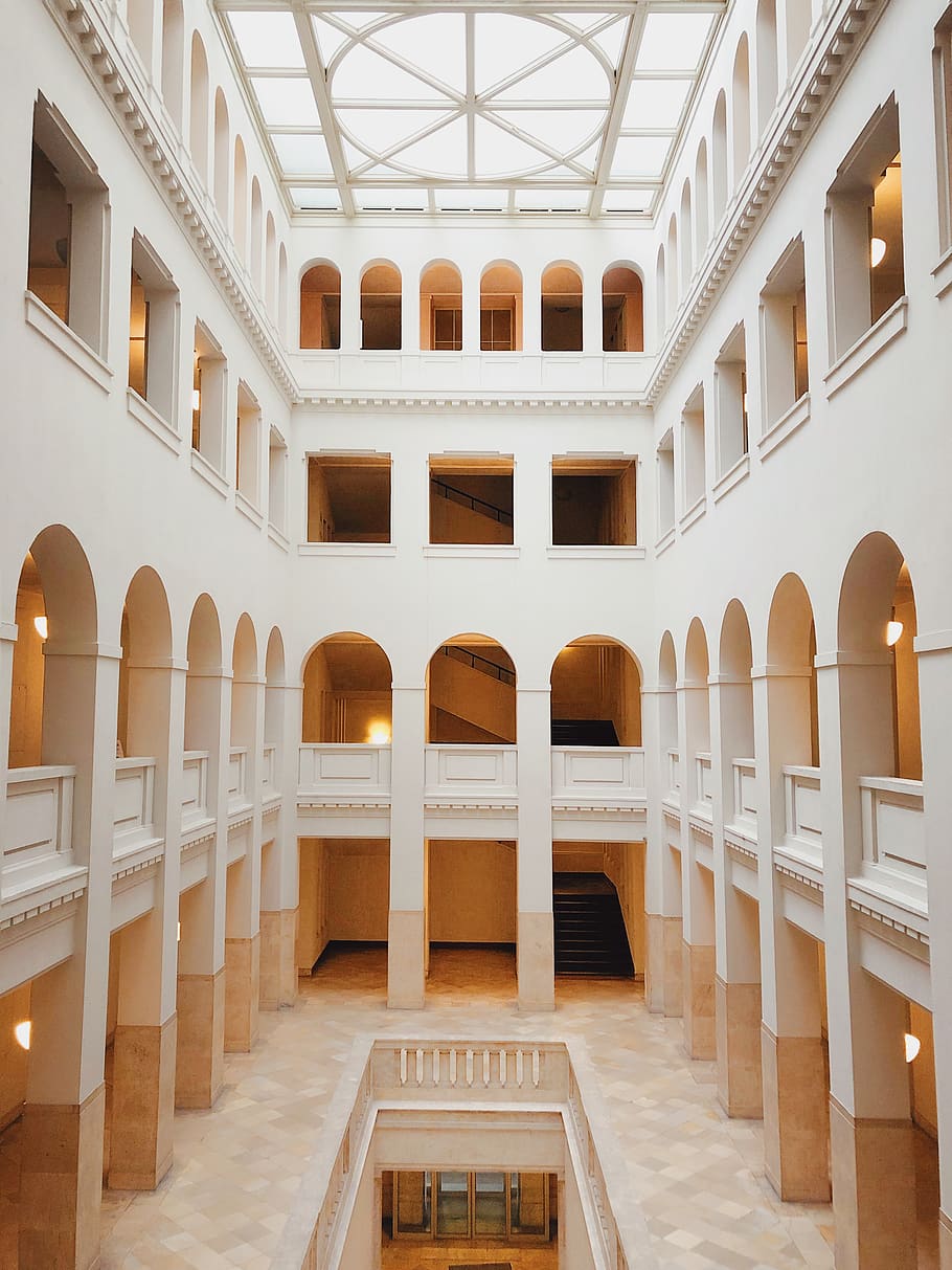 white concrete building interior, architecture, built structure HD wallpaper