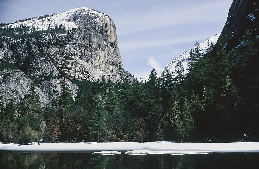Half Dome Rock reflection on frozen Mirror Lake, Yosemite National Park, HD wallpaper