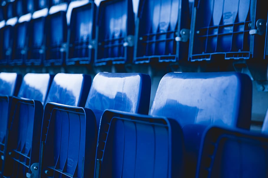 Stadium Chairs, bleachers, blue, empty, row, seats, in a row, HD wallpaper