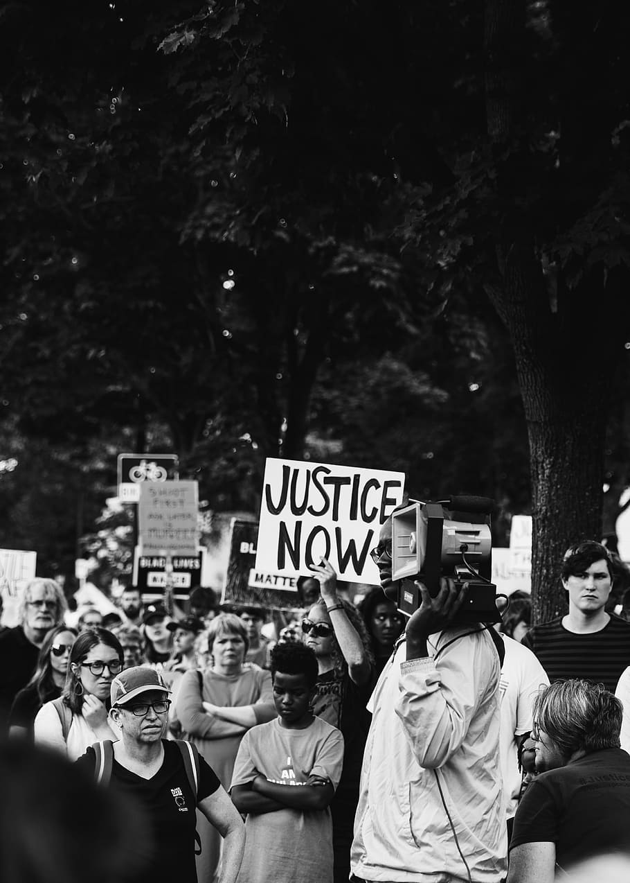 grayscale photo of group of people, sign, person, crowd, protest