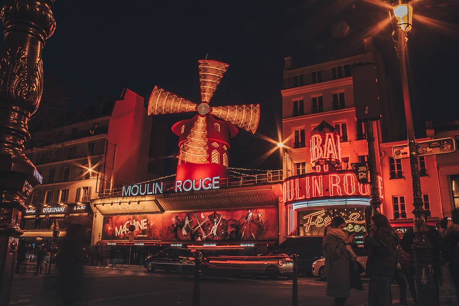 Moulin Rouge building during nighttime, illuminated, building exterior