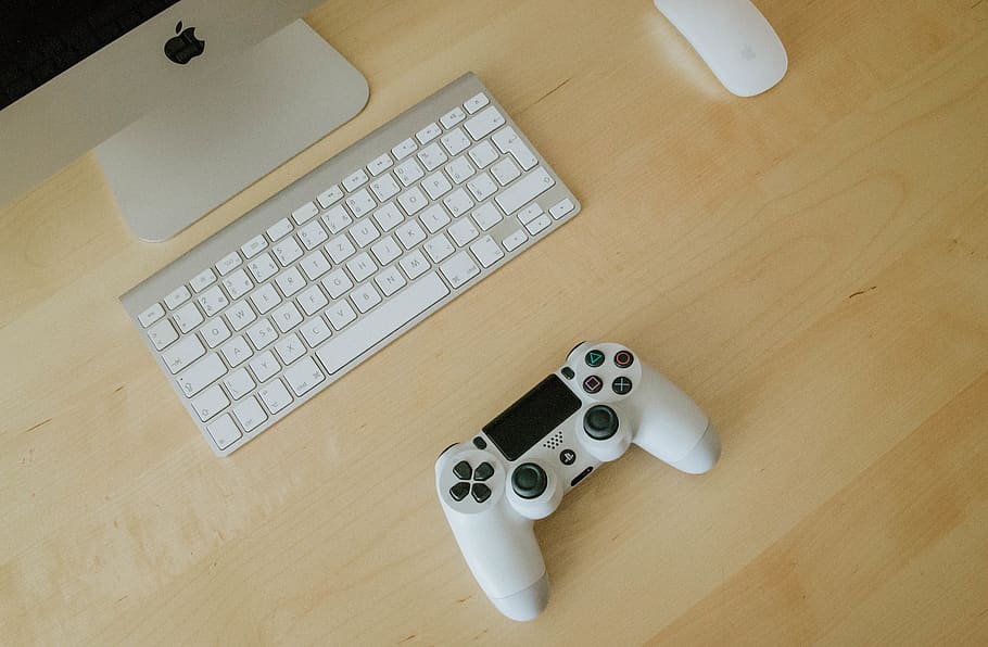white and black Sony PS4 controller, keyboard, electronics, computer keyboard, HD wallpaper