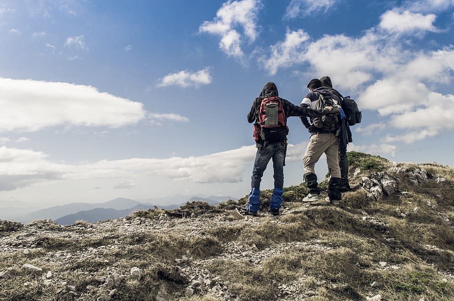 three persons on hilltop during daytime, backpack, hiking, sky HD wallpaper