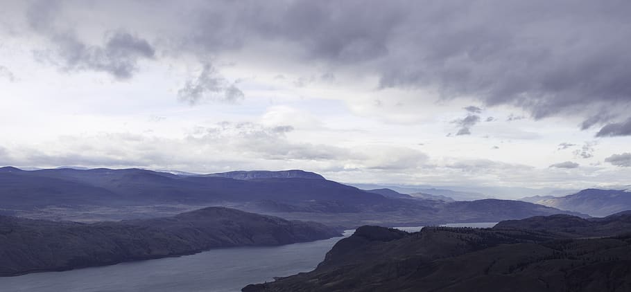 kamloops, canada, clouds, river, trees, dry, mountains, sky HD wallpaper