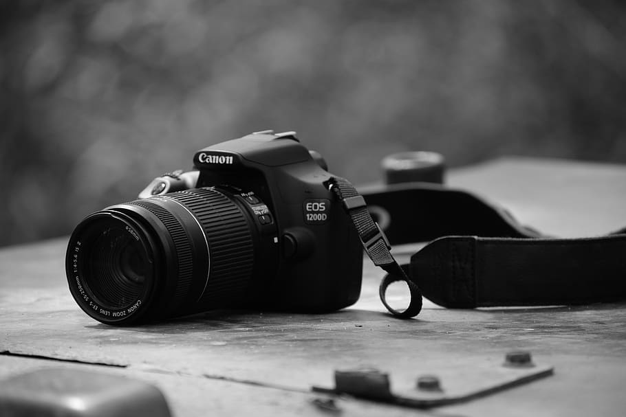 Canon Dslr Camera On Table, black and white, black-and-white