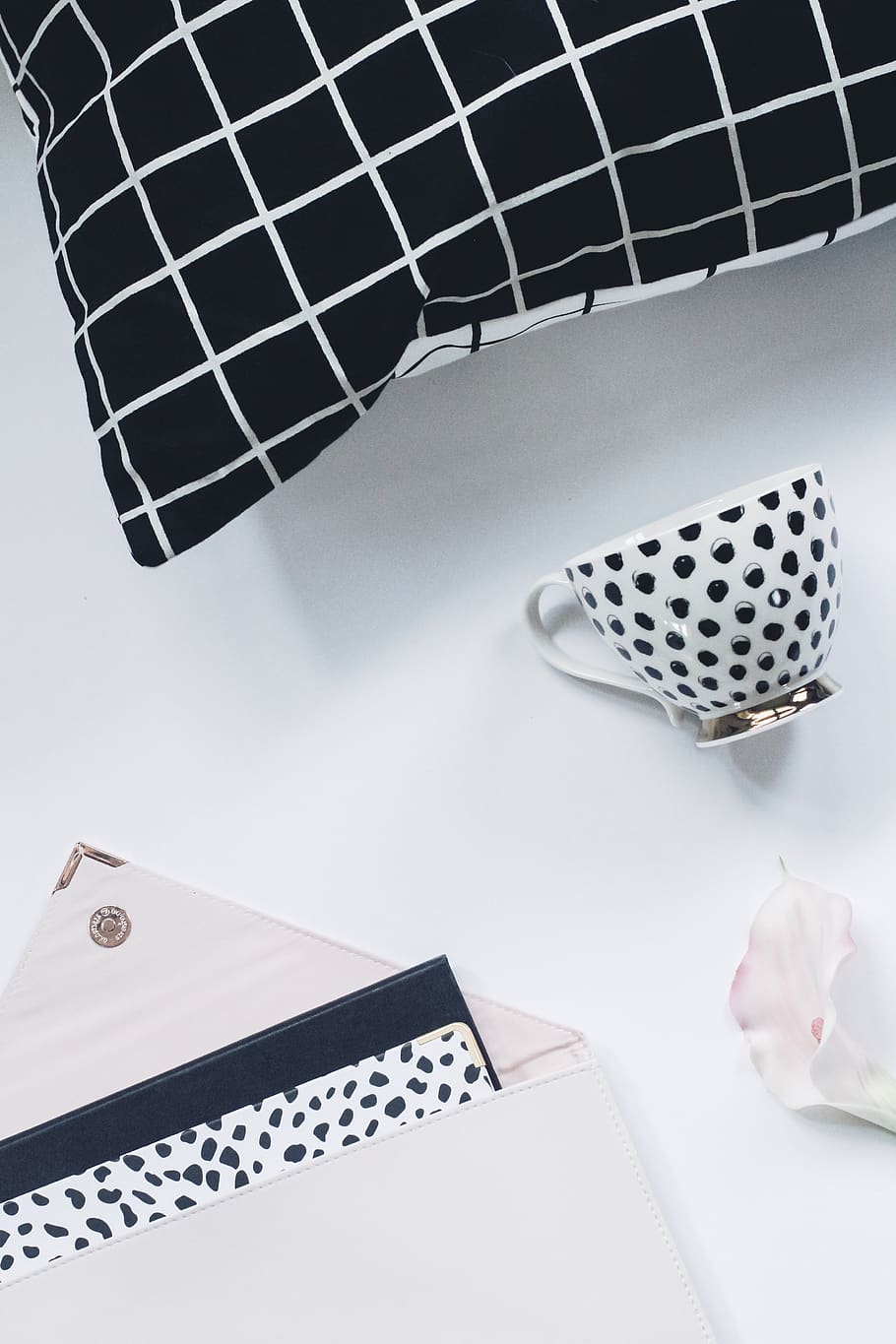 white and black ceramic teacup on white surface, indoors, no people HD wallpaper