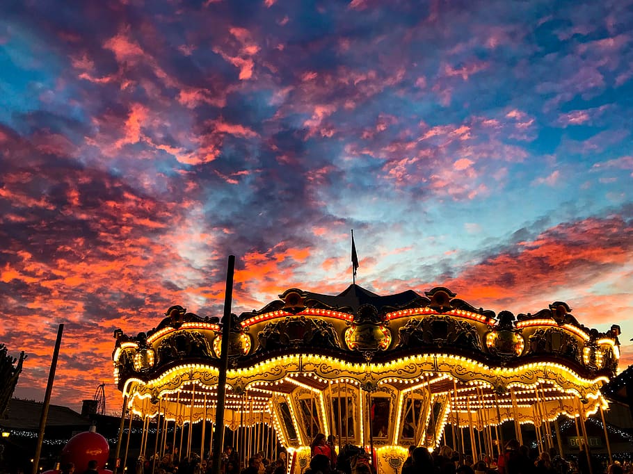 Carousel, backlit, clouds, dawn, sky, sunrise, sunset, theme park HD wallpaper