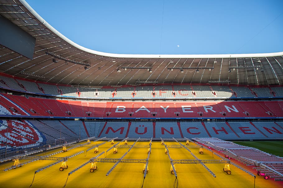 Bayern Munchen arena, building, stadium, person, human, field