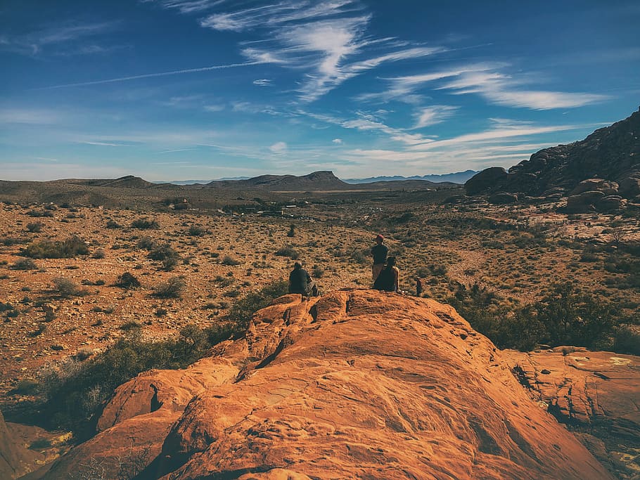 three men standing on rock formation, outdoors, mountain, nature HD wallpaper