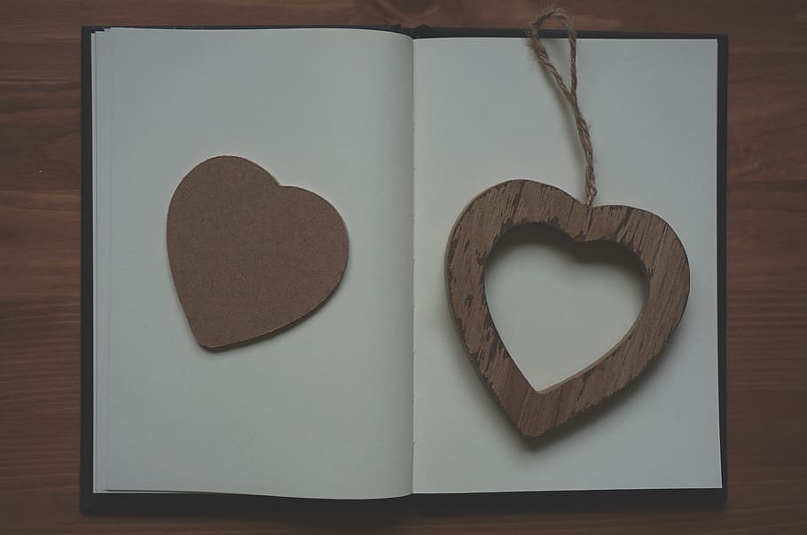Brown Wooden Heart Shape Pendant on White Book, blank, label HD wallpaper