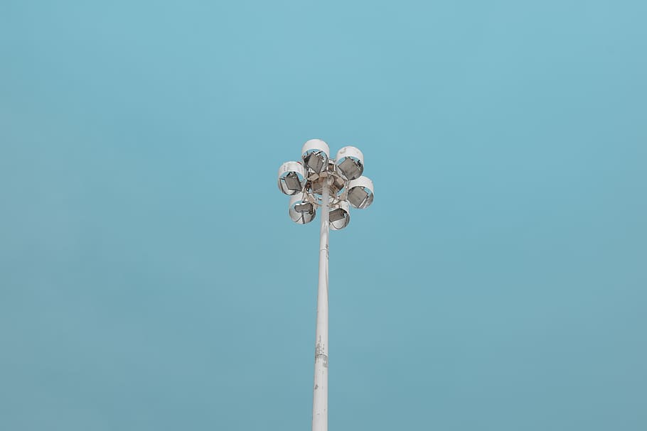 White Lamp Post, blue, blue sky, bright, bulb, daylight, electricity HD wallpaper