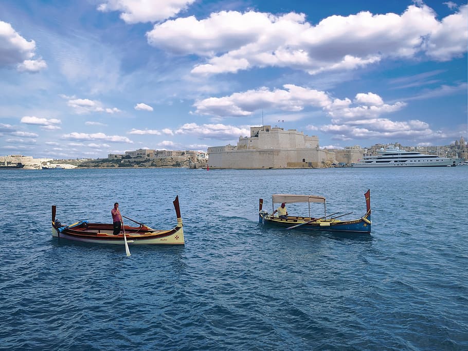 malta, valletta, port il-kbir, siege, boat, luzzu, fort st angelo, HD wallpaper