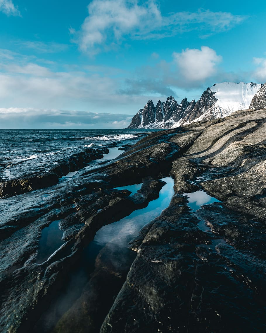 Icy Mountain Sea Waves Scenery, beach, clouds, cold, daylight HD wallpaper