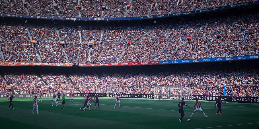 soccer field, human, person, stadium, building, audience, barcelona