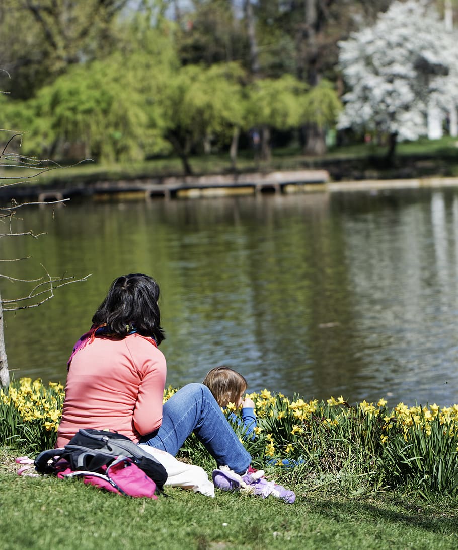 park, nature, lake, trees, landscape, people, woman, parent HD wallpaper