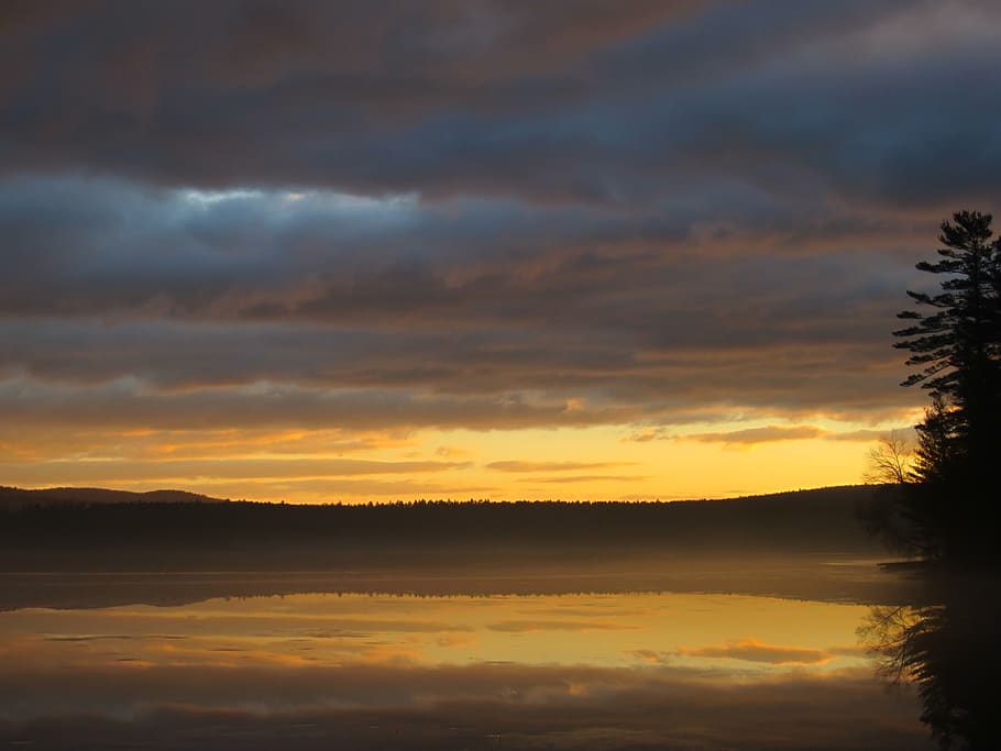 Body of Water Near Mountain, clouds, reflections, sunrise, sunset HD wallpaper