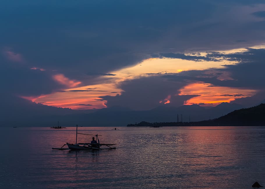 boat on water during sunset, outdoors, dawn, dusk, red sky, sunlight, HD wallpaper