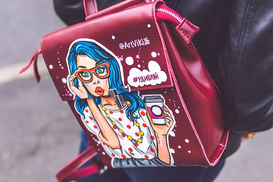 Multicolored Woman With Red Eyeglasses Printed Red Leather Backpack, HD wallpaper