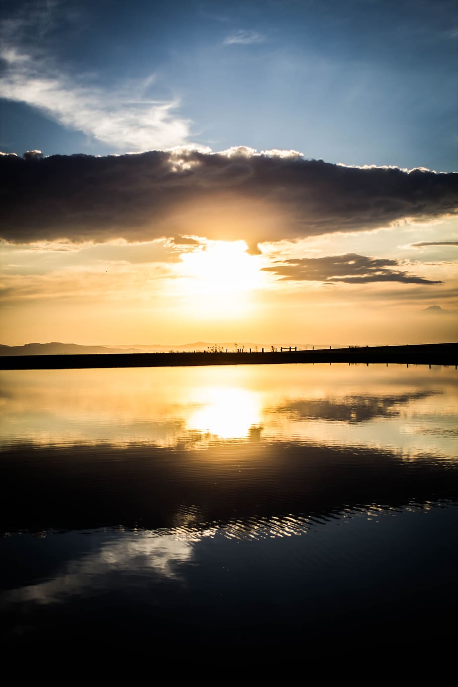 sunset, lake, pond, landscape, nature, water, sky, blue, summer, HD wallpaper